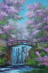 Buy Large Sakura Art, Waterfall, Bridge, Spring Cherry Tree Blossoming Oil Painting • 574.87£