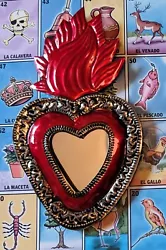 Buy Small Mexican Natural Tin & Red Heart Milagro Mirror Handmade Folk Art #09 • 12£