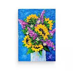 Buy Sunflowers Painting Original Art Lupine Daisies Flower Abstract 7x5in • 41.34£