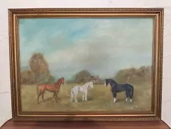 Buy Vintage Naive Original Oil Painting Of Horses - Signed Framed 1980s- 56cm X 49cm • 48£