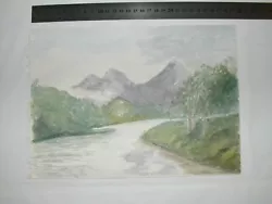 Buy MOUNTAINS BEHIND RIVER WITH TREES Scotland Scottish Vintage Watercolour Painting • 2£