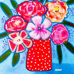 Buy JERI DUBE Original Painting Collectible Flower Red Polka-Dot Vase 12 X12  Canvas • 41.34£