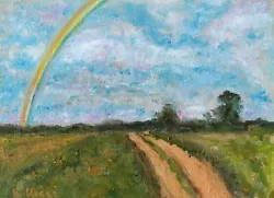 Buy Landscape Rainbow Oil Painting Original Country Road Cloudy Sky Small Summer Art • 57.89£