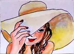 Buy ACEO Portrait Watercolor Summer Flirt Woman Hat HI THERE! Original Art Tarrantts • 9.13£