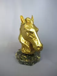 Buy Sculpture Head Of Horse Brass Golden & Base IN Marble Black • 431.57£