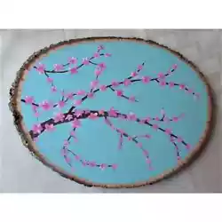 Buy Cherry Blossom Wood Slice Hand Painting, Rustic, Home Decor Countrycore  • 24.81£