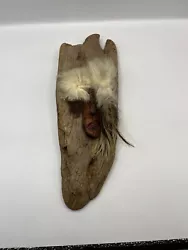 Buy Vintage Tribal Face Mask Sculpture On Wood With Fur Feathers 11  X 4  • 13.19£