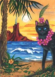Buy Aceo Print Of Painting Ryta Hawaii Black Cat Vacation Seascape Volcano Flower 🌺 • 6.27£