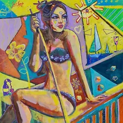 Buy Original Mario Mendoza Oil Canvas Pool Table Swimwear Painting Abstract Art Girl • 1,250£