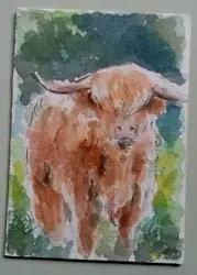 Buy ACEO Original Painting Art Card Animal Cow Hand Painted 2.5x3.5 • 7.57£