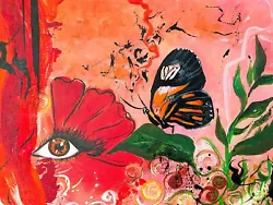 Buy Carnival Mixed Media Original Painting-UNFRAMED Red Vibrant Eye Butterfly Floral • 120£