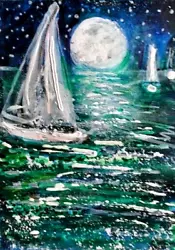 Buy ACEO Original Painting Night SAILBOATS Summer Ocean Stars Boat Seascape Moon ART • 10.92£