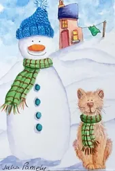 Buy ACEO Original Watercolour Painting Landscape. Snowman, Cat, House, Christmas • 10.50£