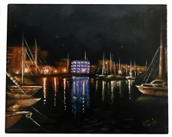 Buy Original Small Acrylic Painting Of  Boats On Harbour At Night • 20£
