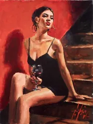 Buy FABIAN PEREZ ORIGINAL  Study For Girl With Red At The Stairs  OIL PAINTING • 15,000£