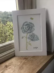 Buy Blue Roses, Yellow Butterfly Watercolour, Original Signed Art, Vintage, Cottage • 17£