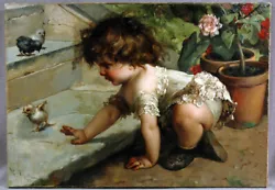 Buy Antique Italian Painting Baby With Birds And Flowers On Stairway Tojetti • 9,449.94£