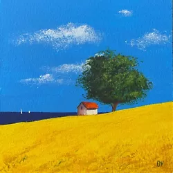 Buy Summer Landscape Original Painting Tiny House With Tree Yellow Field Art • 66.15£