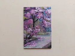 Buy Pink Sakura Park Abstract Impasto Art. Alley Blossom Cherry Trees Oil Painting • 30.75£