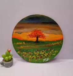 Buy Original Tree Landscape Hand Painted On Round Wooden Board 10 Cm Home Decor/gift • 9.77£