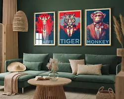 Buy Giraffe, Tiger, Monkey In Suits Hope Set Of Three Art Print Painting Poster • 15£