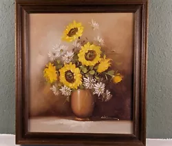 Buy Vintage Oil On Canvas Board Still Life Painting Sunflowers Signed 19.5x21.5in • 59£