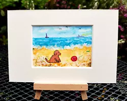 Buy ACEO,Fido On The Beach With Ball,Original Watercolour Painting By Chris Clarke • 3.49£