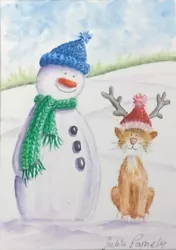 Buy ACEO Original Watercolour Painting Landscape. Snowman, Cat, Christmas • 4.99£