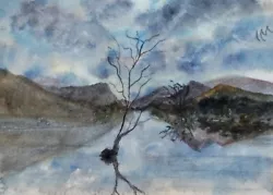 Buy ACEO Original Painting Art Card Landscape Lake Tree Hills Mountains Watercolour • 6£