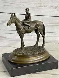 Buy Jockey Riding Horse Bronze Statue Figure Figurin Hot Cast Marble Base Sculpture • 377.05£