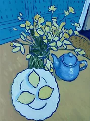 Buy Original Oil Painting ‘Daffodils & Lemons With Blue Teapot” By Brian Pinnell • 58£