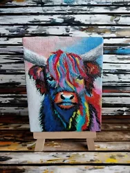 Buy Highland Cow Painting On Mini Canvas: Hand Painted Animal In Acrylic With Easel • 25£