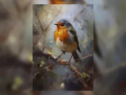Buy Vibrant Beauty: Red Robin On Twig - Oil Painting Print 5 X7  • 4.99£
