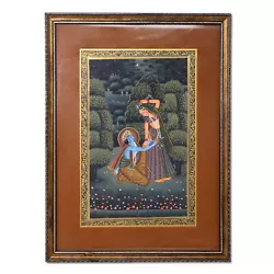 Buy Indian Romantic Love Of Radha Krishna Scene Matted Frame Hand Painted Gold 15x11 • 31.63£