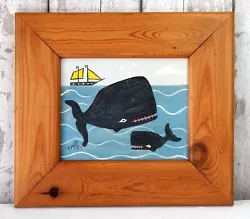 Buy Naive Whale Painting Folk Art Cornish Seaside In Vintage Pine Wood Frame • 125£