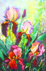 Buy Irises Flowers Original Oil Painting Wall Art Canvas 15.7x23.6 Inches • 65£