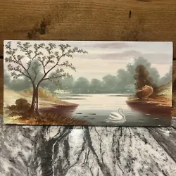 Buy Vintage Hand Painted Landscape Painting On Tile Lake River Swan Scene Antique? • 50£