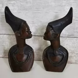 Buy Vintage Wooden Pair Of Nubian Busts Hand Carved Male Female Sculptures • 39.95£