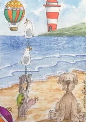 Buy ACEO Original Watercolour Painting Seascape, Beach, Dog, Mouse, Balloon • 8£