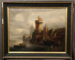 Buy 18th 19th Century Harbor Scene With Watchtower European School Workers And Boats • 3,071.23£
