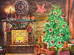 Buy Watercolor Painting Christmas Tree Winter Fireplace Stockings Present ACEO Art • 57.23£