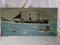 Buy Oil Painting Vintage Fishing Boat Trawlers Painting 74x37cm Original Picture • 148£