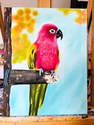 Buy Parrot Bird Wildlife Original Oil Painting Canvas Pink Bright Colourful Art Sale • 350£