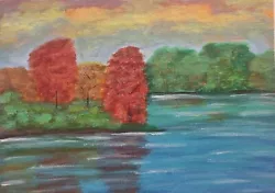 Buy Original Painting Autumn Landscape Trees Lake Acrylic Hand Painted Canvas • 25£