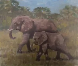 Buy Oil Painting, Elephants, Africa, Un-framed, Wood, Trees, Grass, Mother & Cow • 32£