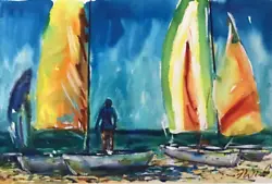 Buy Contemporary Original Acrylic Painting Signed By Peter Wood -Yachts Cuba • 12£