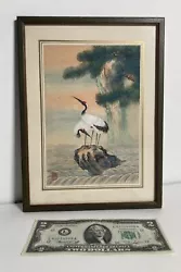 Buy Vintage Original Miniature Oil Painting Japanese Cranes Evergreen Branch -Signed • 168.52£