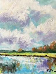 Buy Landscape Original Oil Painting Canvas Impressionism Semberecki River Clouds • 28.94£