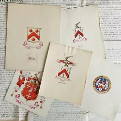 Buy Set Of Original Antique Watercolour Gouache Painting Of Family Coat Of Arms • 500£