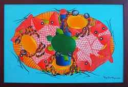Buy Original Colorful Folk Art Fish Crab Tortoise Oil Painting Mortes Merisier Haiti • 516.68£